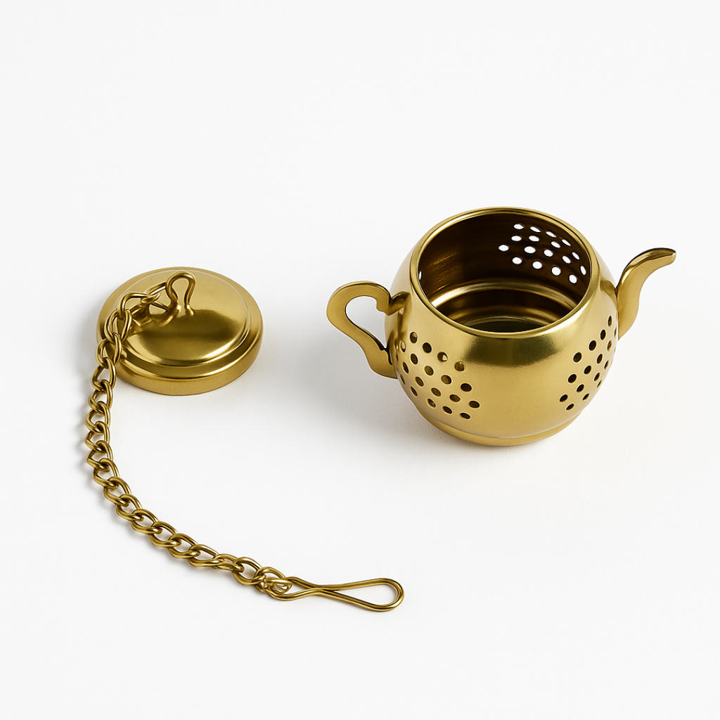 Gold tea infuser with chain on a white background
