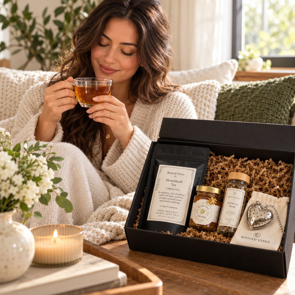 A cozy lifestyle scene shows a woman in a cream knit robe holding a glass of tea on a couch, with a black gift box containing tea and honey products placed on a wooden table in front of her. The box includes a black tea bag pouch, two glass jars with gold lids, a small card, and a heart-shaped jewelry piece.