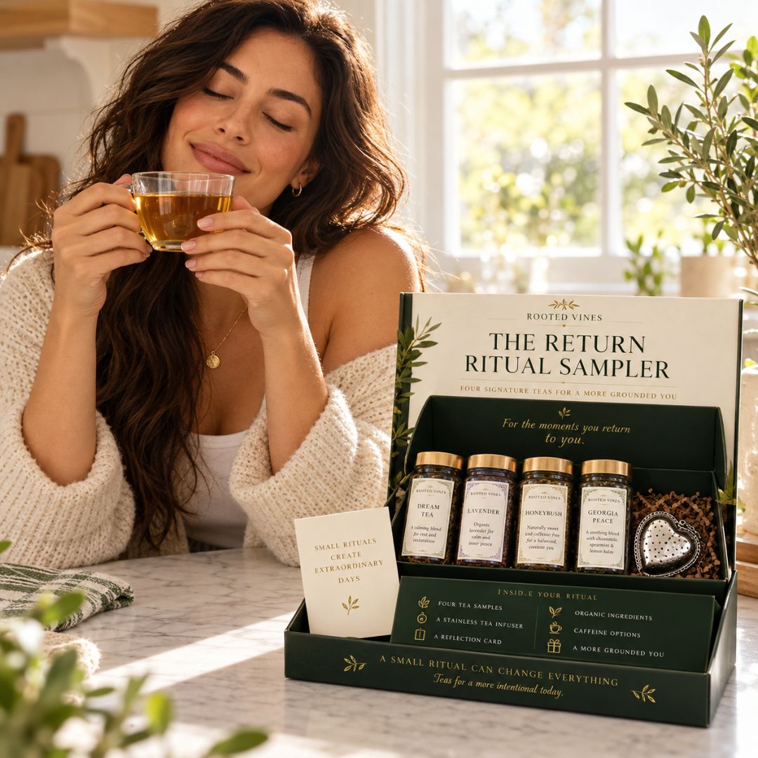 A woman in a cozy white knit sweater holds a glass of tea beside an open boxed set labeled 'The Return Ritual Sampler' by Rooted Vines. The box contains small labeled bottles and a card, styled on a light surface with soft window light and plants in the background.