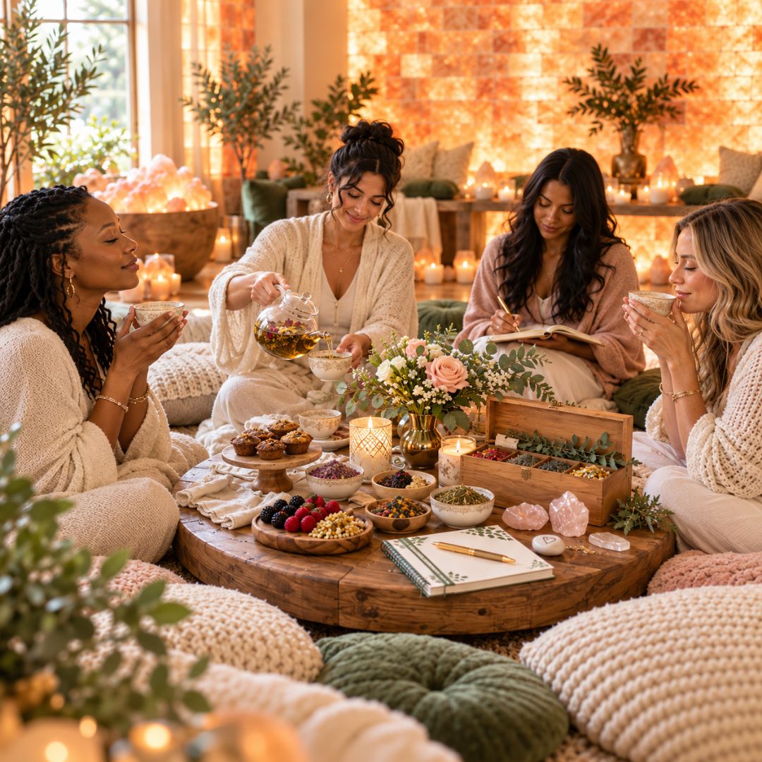 Four women in cozy cream and blush robes sit on floor cushions around a round wooden table in a warmly lit room with candles, plants, and glowing salt lamps. The table holds flowers, crystals, notebooks, and small food dishes.