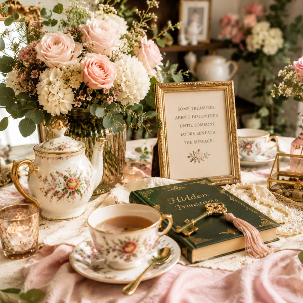 A styled tabletop scene with a floral teapot, teacups, a green book labeled 'Hidden Treasure' with a decorative key, and a framed sign reading 'Some treasures aren't discovered until someone looks beneath the surface.' The setting includes flowers, draped pink fabric, and warm ambient decor, suggesting a vintage-inspired tea-time or treasure-themed product scene.