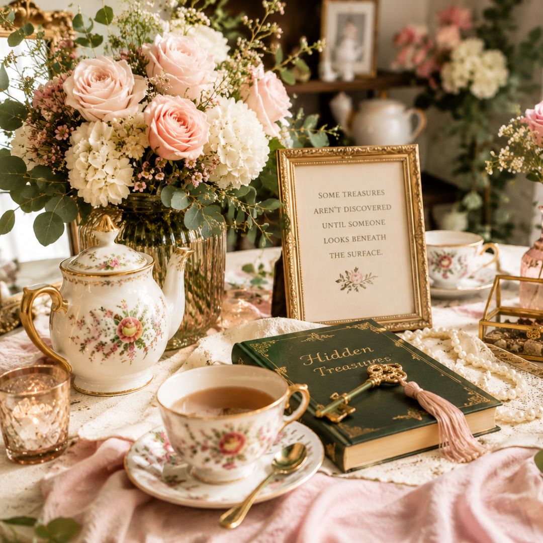 A styled tabletop scene with a floral teapot, teacups, a green book labeled 'Hidden Treasure' with a decorative key, and a framed sign reading 'Some treasures aren't discovered until someone looks beneath the surface.' The setting includes flowers, draped pink fabric, and warm ambient decor, suggesting a vintage-inspired tea-time or treasure-themed product scene.