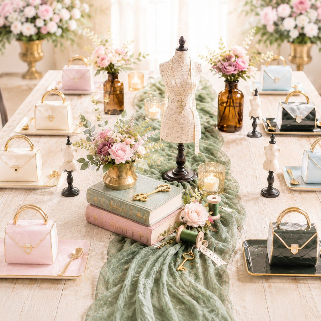 A styled tabletop fashion display with multiple handbags, a cream dress form, amber glass bottles, flowers, candles, and stacked books on a light wood table, creating a soft boutique atmosphere.