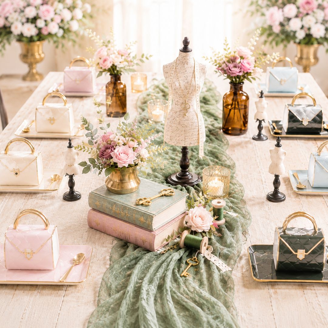 A styled tabletop fashion display with multiple handbags, a cream dress form, amber glass bottles, flowers, candles, and stacked books on a light wood table, creating a soft boutique atmosphere.