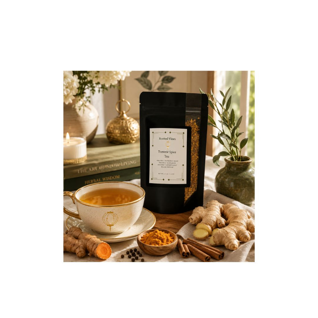 A black stand-up pouch of Turmeric Spice Tea with a white label, styled on a tabletop beside a cup of tea, turmeric root, cinnamon sticks, and fresh ginger in a warm, rustic interior setting.