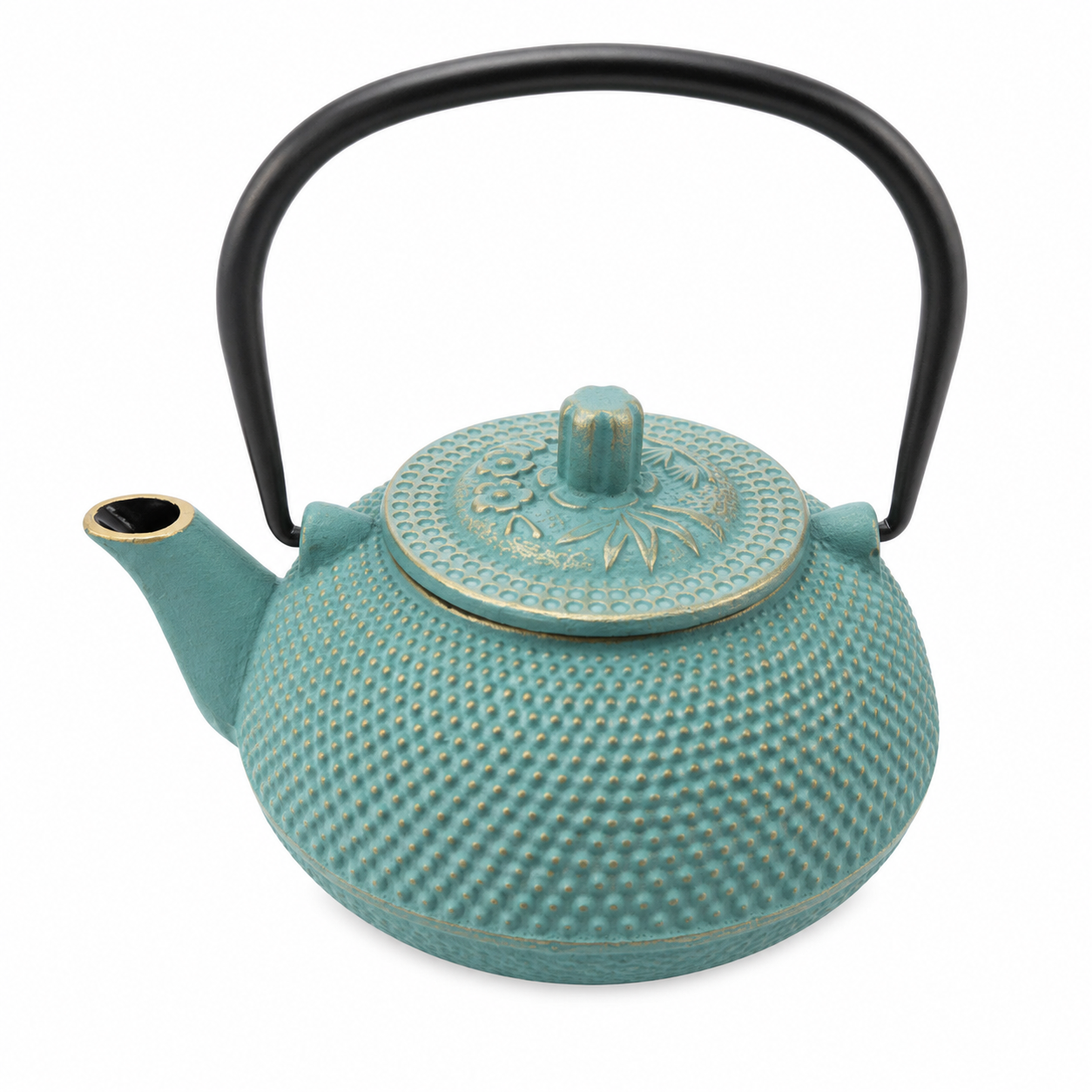 Teal ceramic teapot with textured surface and black handle on a white background