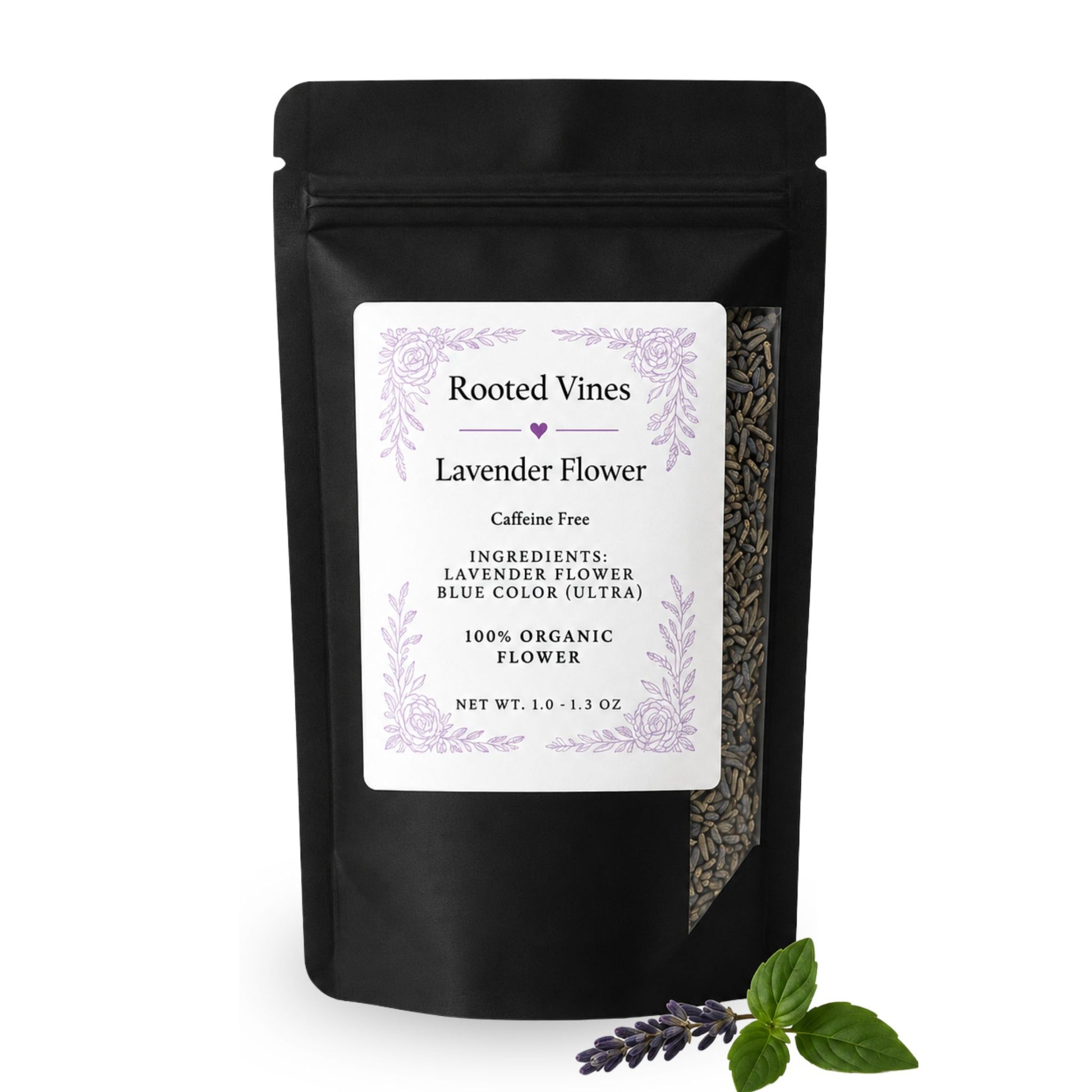 A black stand-up pouch labeled 'Rooted Vines Lavender Flower' with a white front label and a small clear window showing dried lavender buds. A sprig of lavender and green leaves sits at the bottom right on a white background.