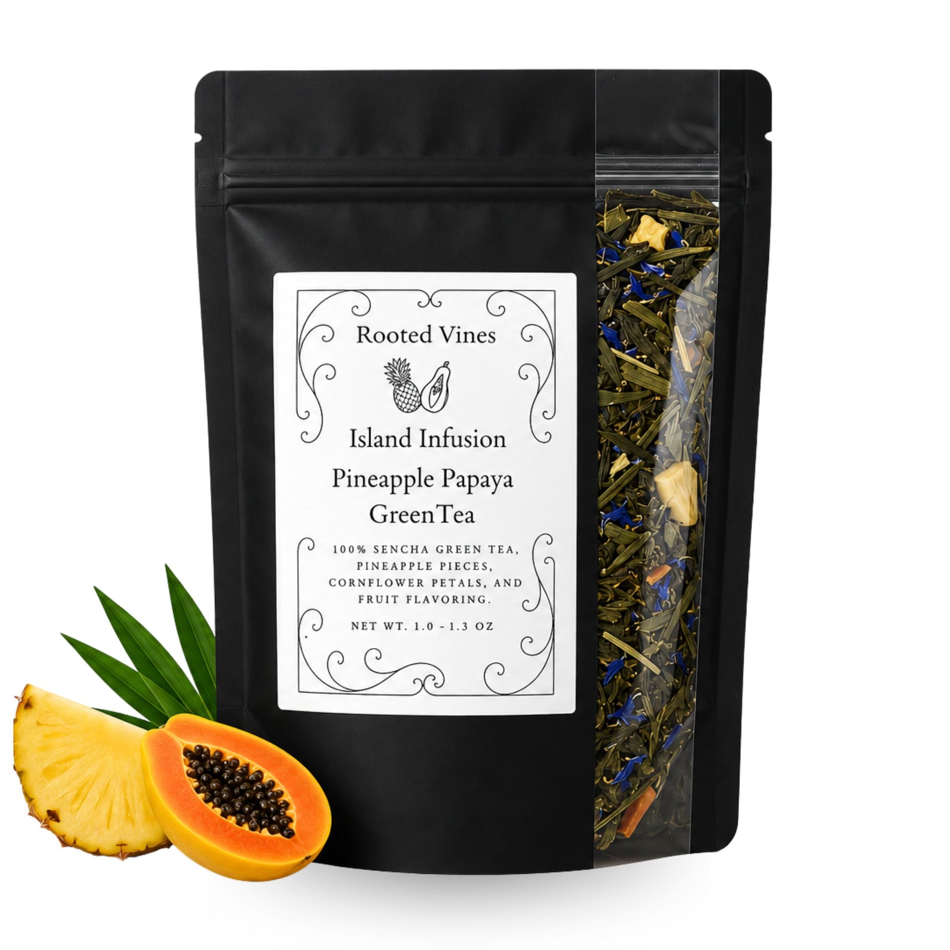 A black stand-up pouch of Rooted Vines Island Infusion Pineapple Papaya Green Tea on a white background, with pineapple and papaya slices and green leaves placed in front. The front label is visible, and the tea blend is seen through a transparent window on the right side of the pouch.