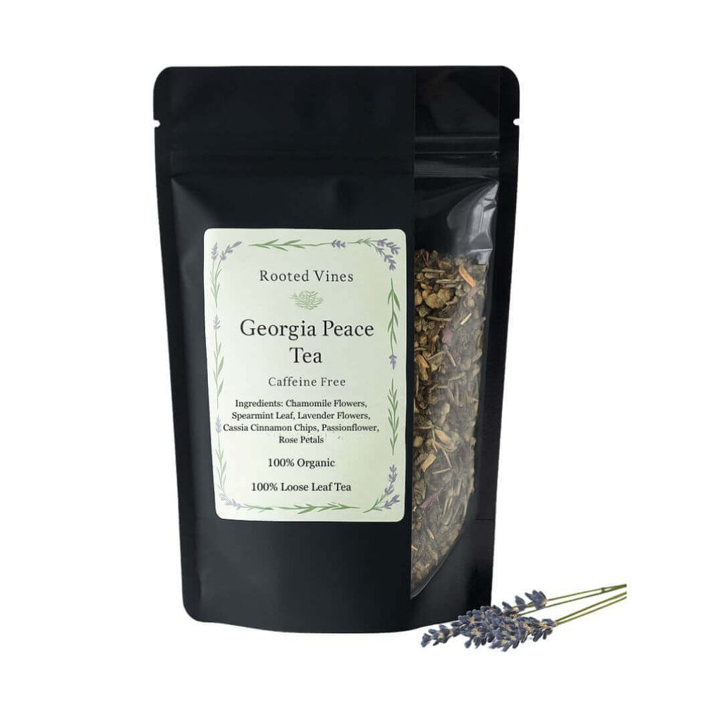 Black package of Georgia Peace Tea with a label on a white background