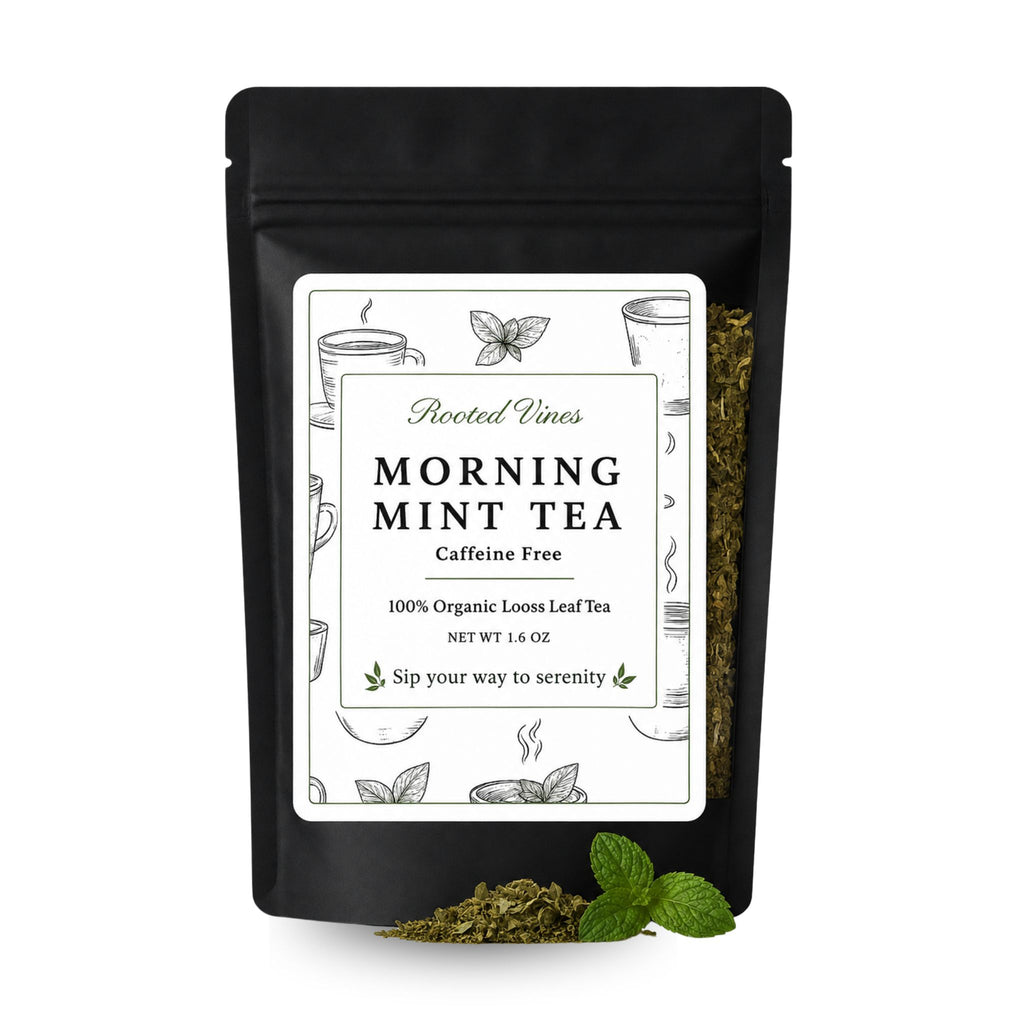 A black stand-up pouch of Rooted Vines Morning Mint Tea, caffeine free, with a white label and green tea visible through the side window. Loose leaf tea and mint leaves are shown in front on a white background.