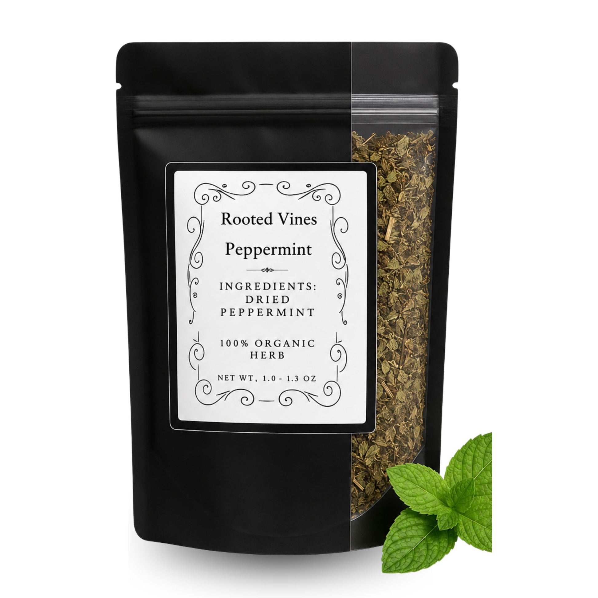 A black stand-up pouch of Rooted Vines Peppermint dried herb, with a white label and a clear window showing the dried green-brown peppermint inside. A small green mint leaf sprig is placed at the lower right on a clean white background.