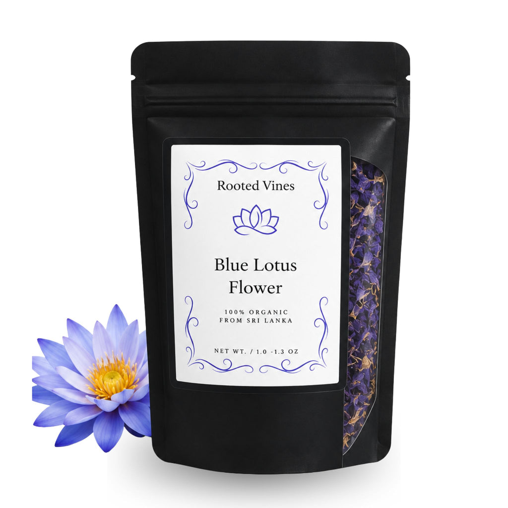 A black stand-up pouch labeled 'Rooted Vines Blue Lotus Flower' with a white front label and a side window showing dried purple-blue flowers, alongside a blue lotus flower on a white background.