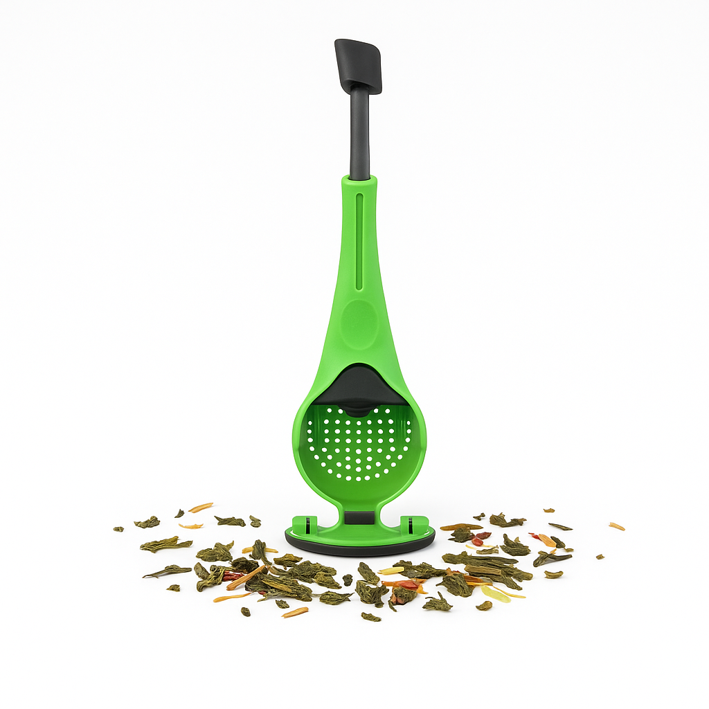Green and black tea infuser with loose tea leaves on a white background
