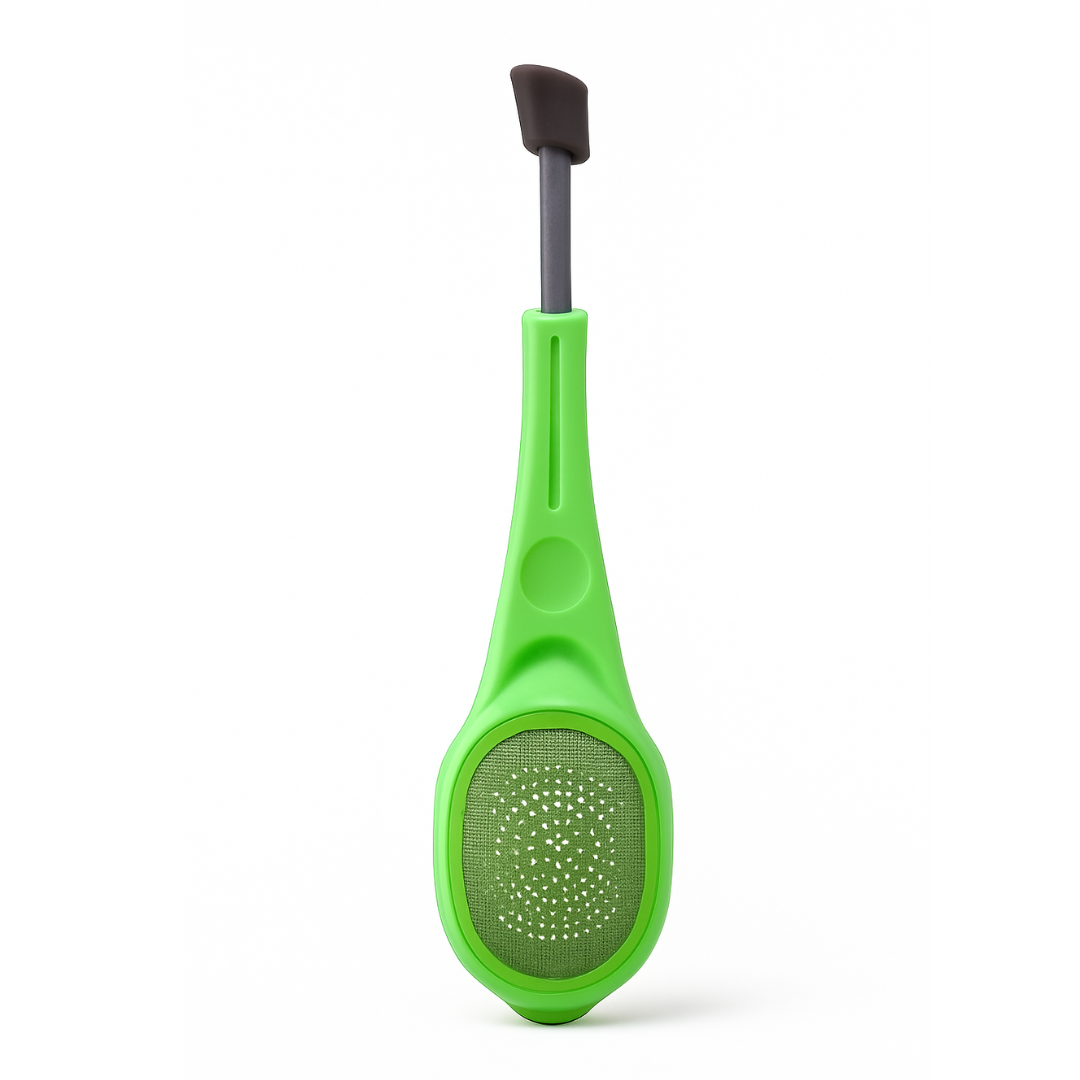 Green kitchen tool with a black handle on a white background