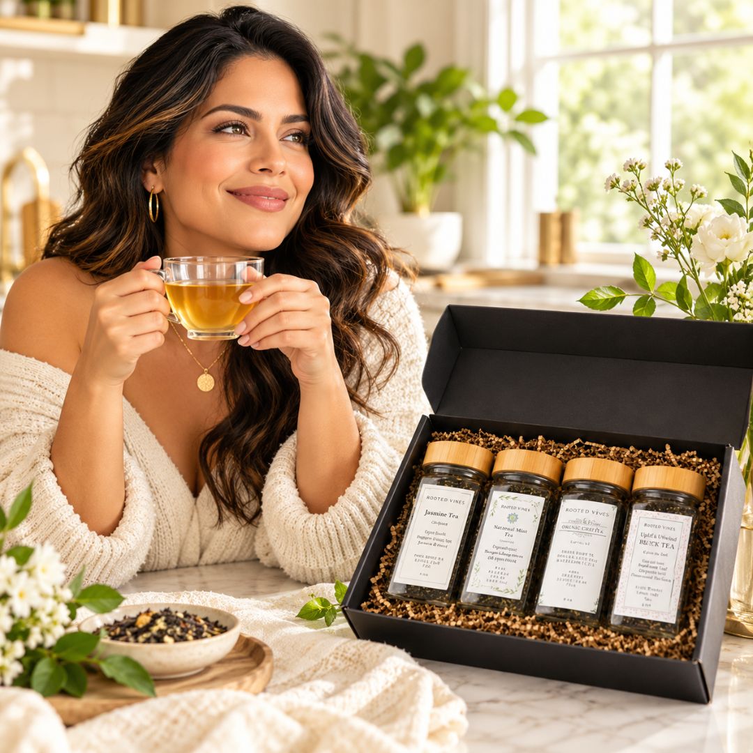 A woman in a cozy white sweater holds a glass of tea beside an open black gift box containing four amber-lidded supplement bottles on a marble table, with soft floral decor and a bright window in the background.