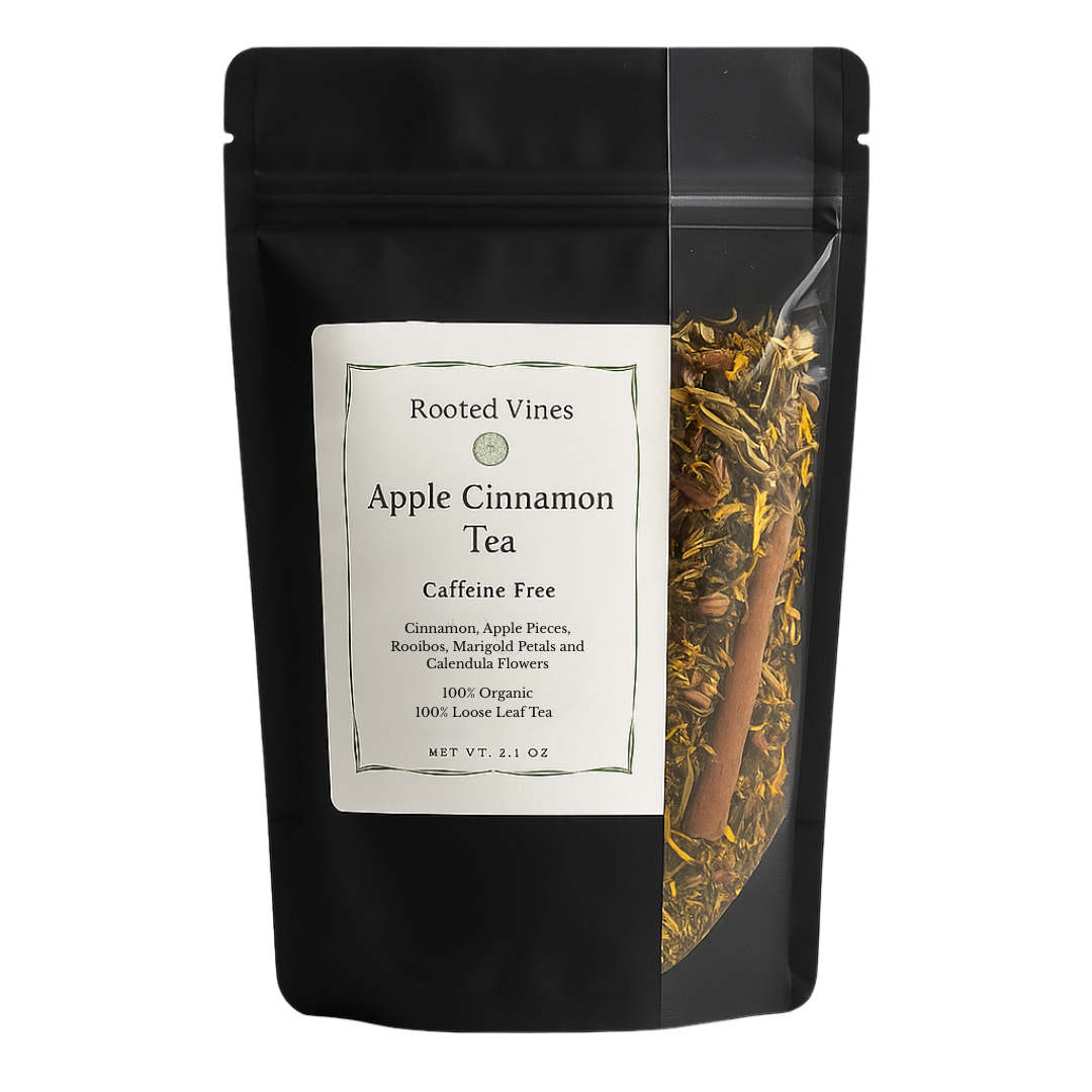Black tea package with 'Rooted Vines' label on a white background