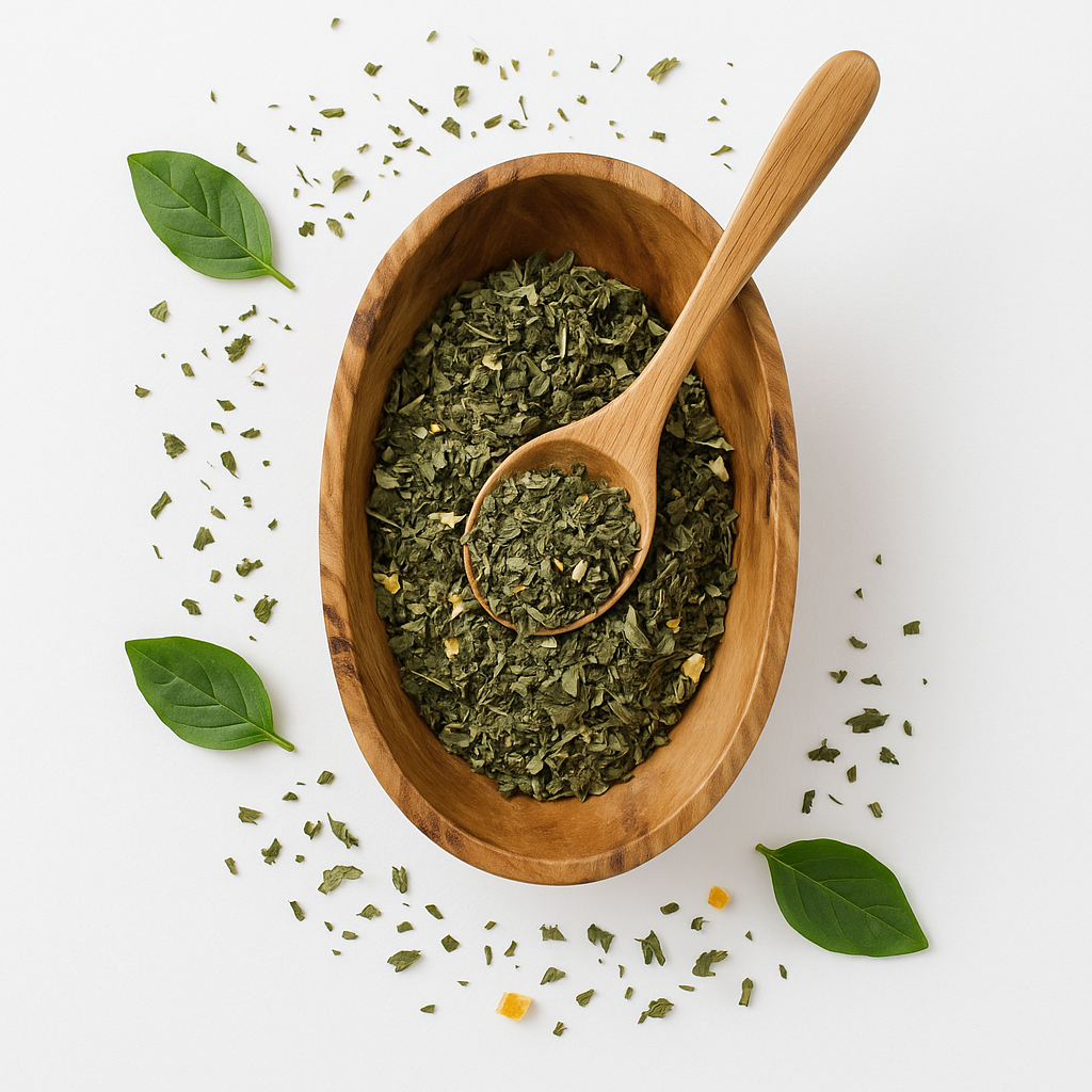Wooden bowl filled with dried herbs and a wooden spoon on a white background
