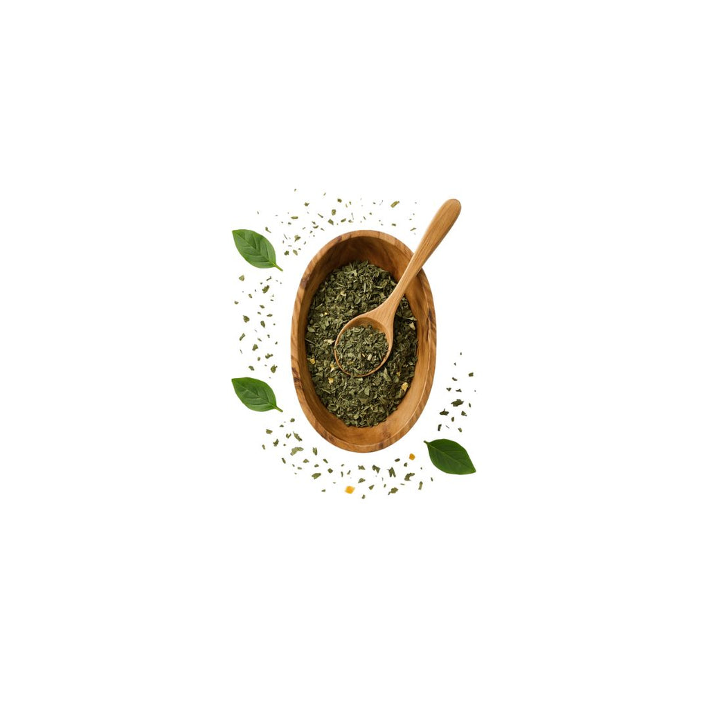 Wooden bowl with dried herbs and a wooden spoon on a white background