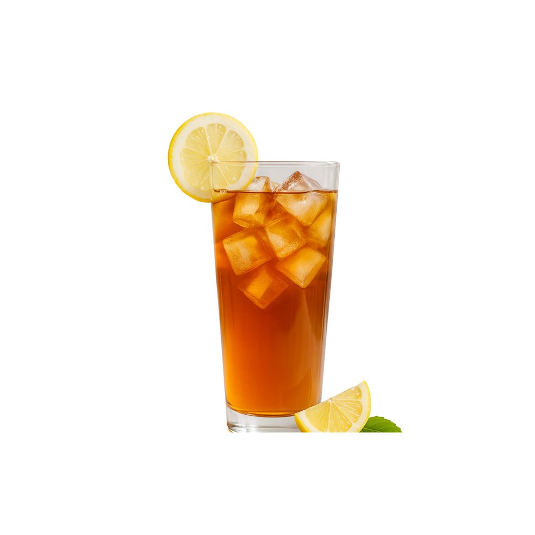 Glass of iced tea with lemon slices on a white background