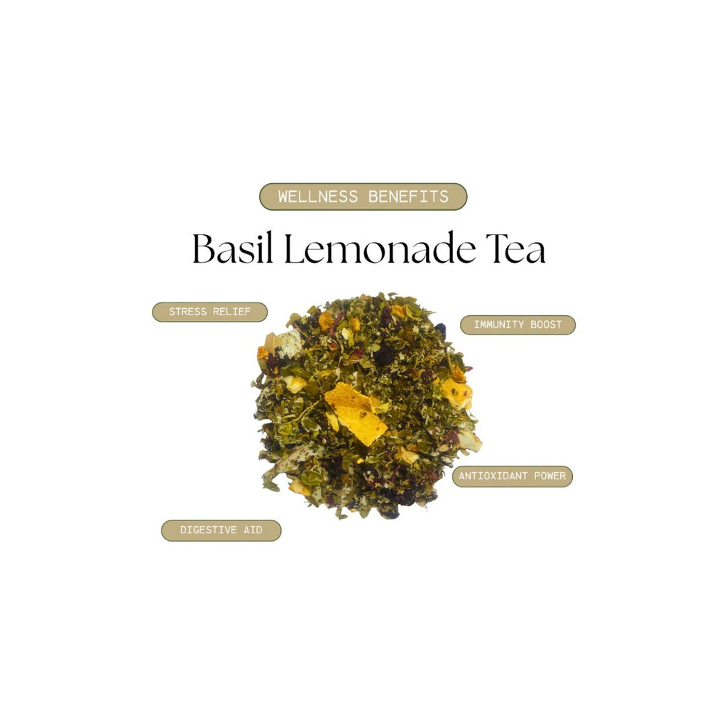 Basil Lemonade Tea with wellness benefits listed on a white background