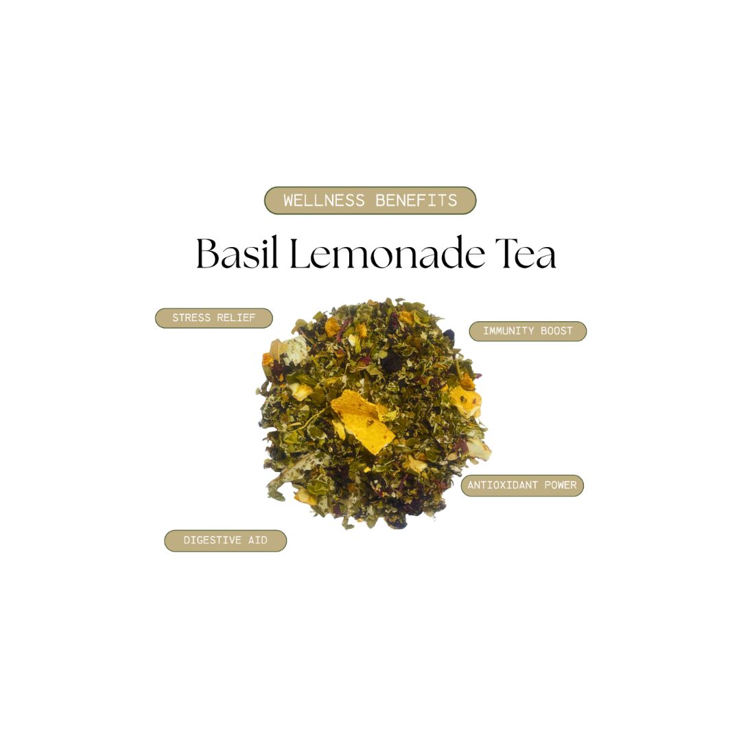 Basil Lemonade Tea with wellness benefits listed on a white background