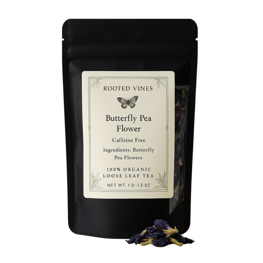 Black package of Rooted Vines Butterfly Pea Flower tea with a butterfly illustration on a white background