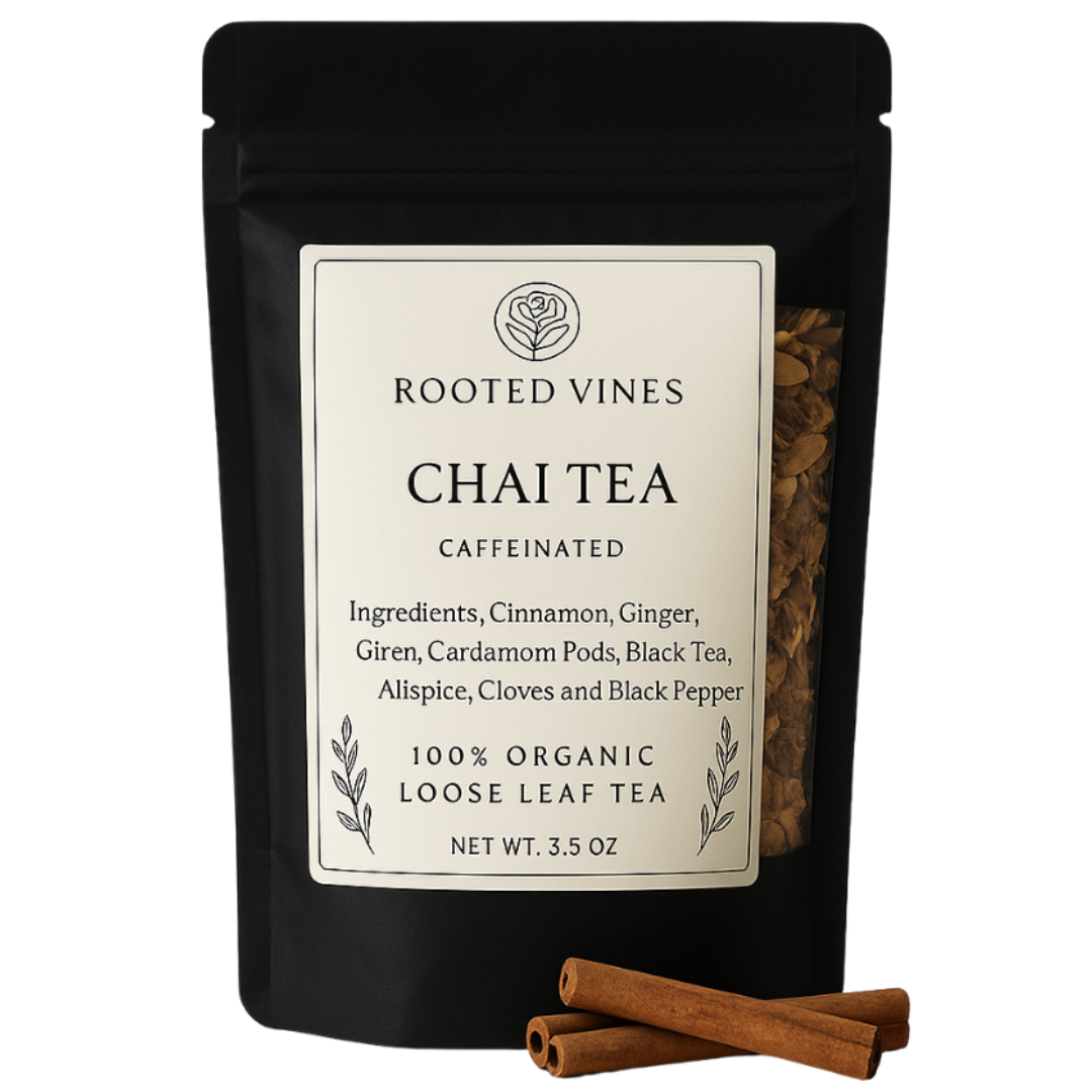 Black package of Rooted Vines Chai Tea with cinnamon sticks on a white background