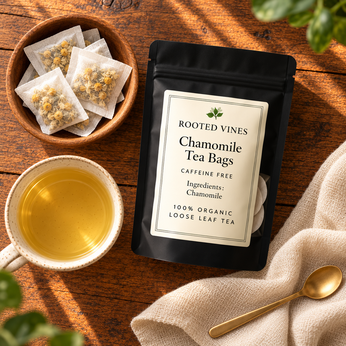 Rooted Vines Chamomile Herbal Tea Bags overhead ritual
