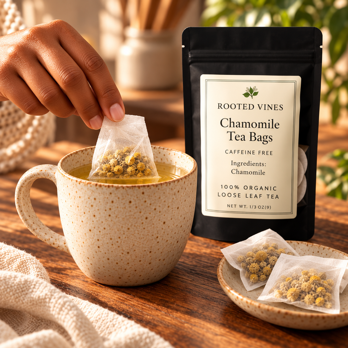 Preparing Rooted Vines Chamomile Herbal Tea Bags