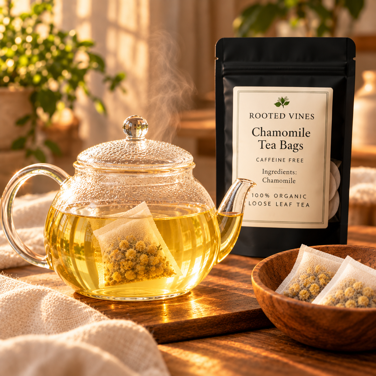 Rooted Vines chamomile tea bag steeping in a glass teapot