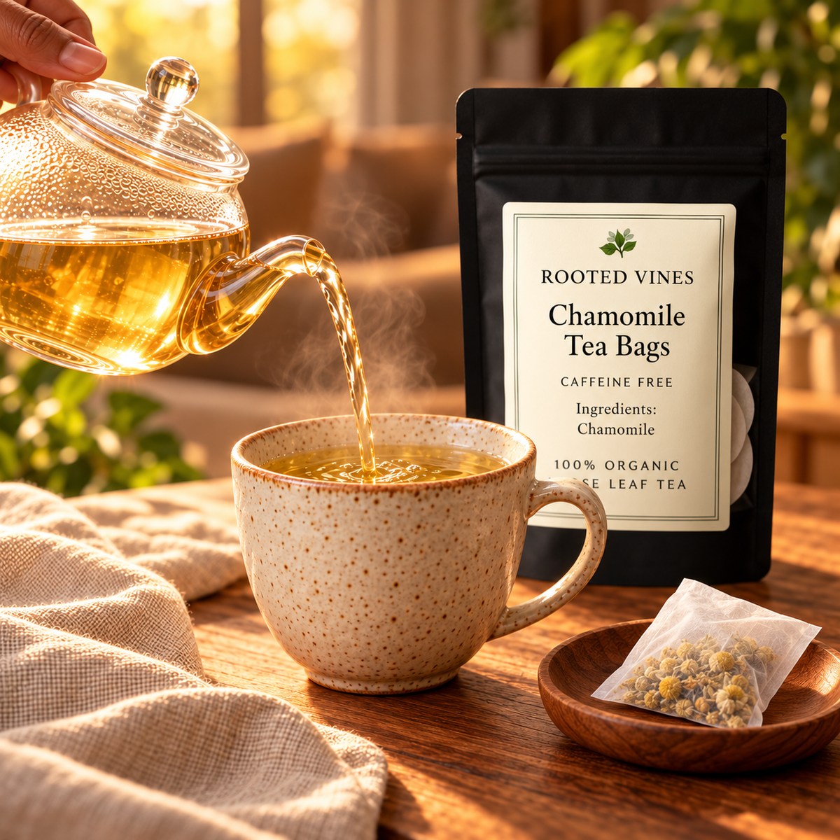 Pouring Rooted Vines chamomile tea