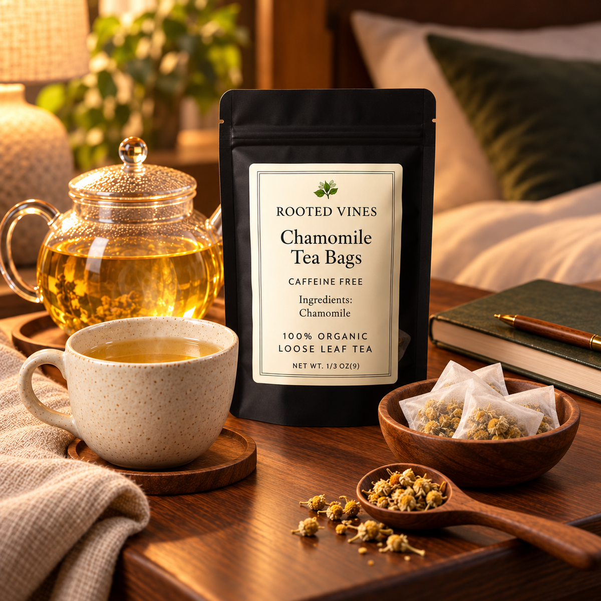 Rooted Vines Chamomile Herbal Tea Bags complete tea ritual