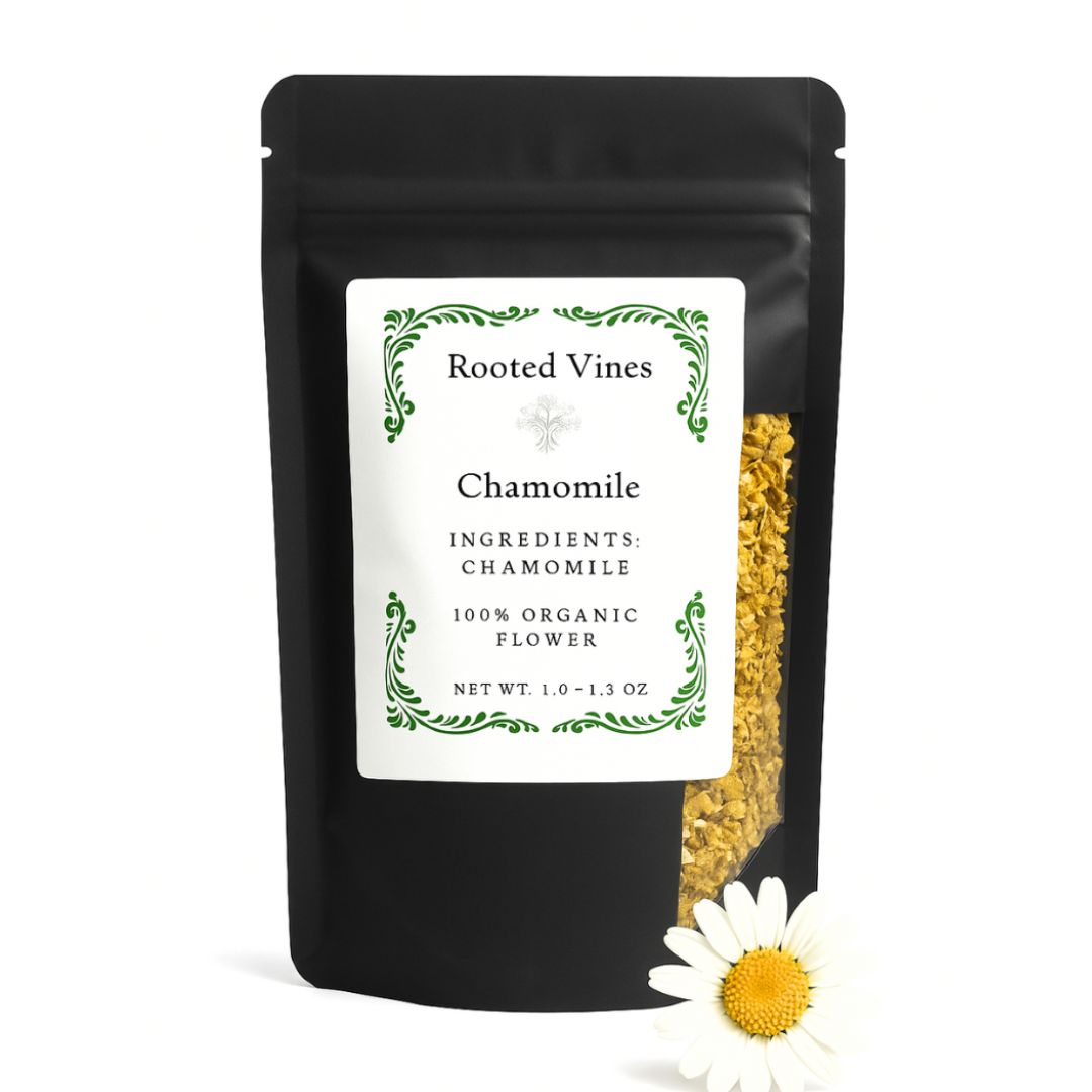 Black packaging of Rooted Vines Chamomile with a white label and a chamomile flower on a white background