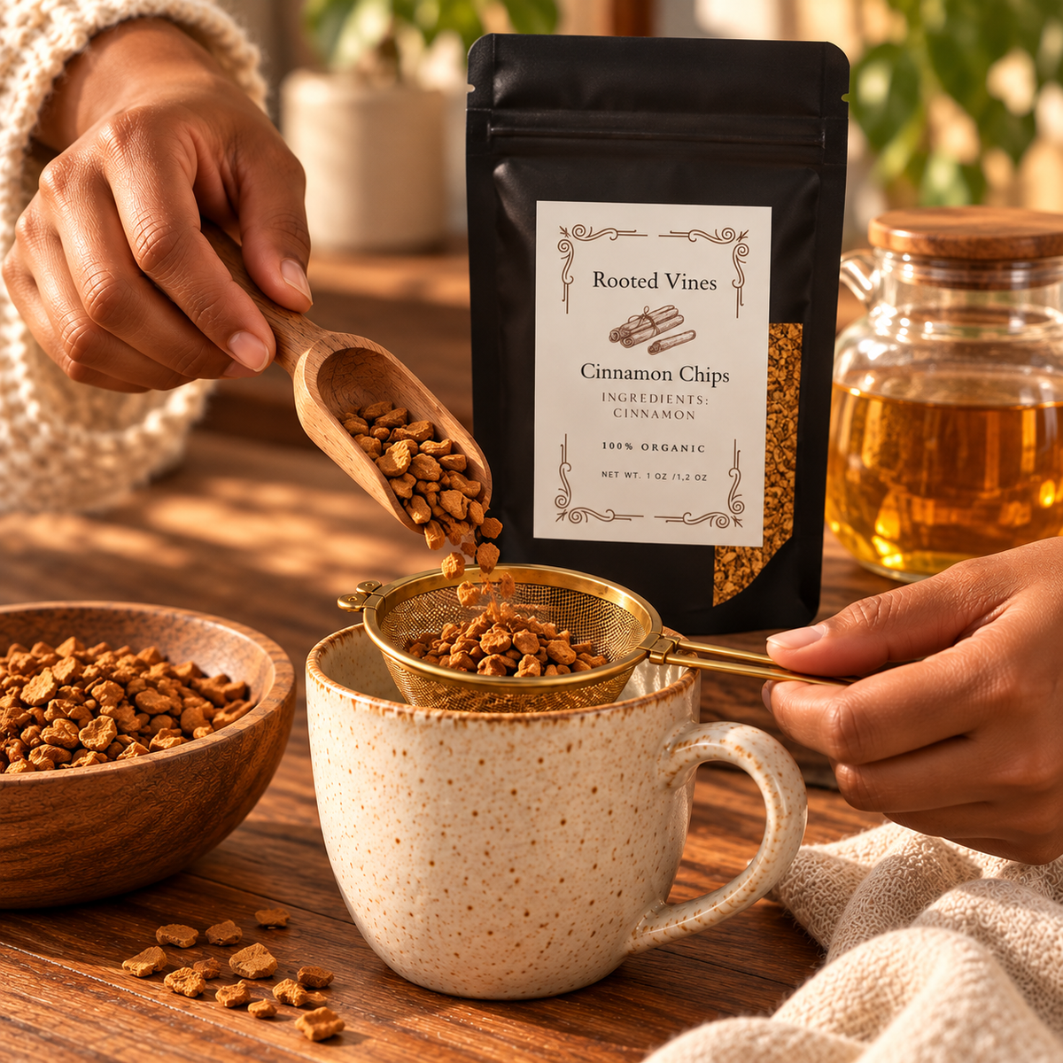 Preparing tea with Rooted Vines Cinnamon Chips