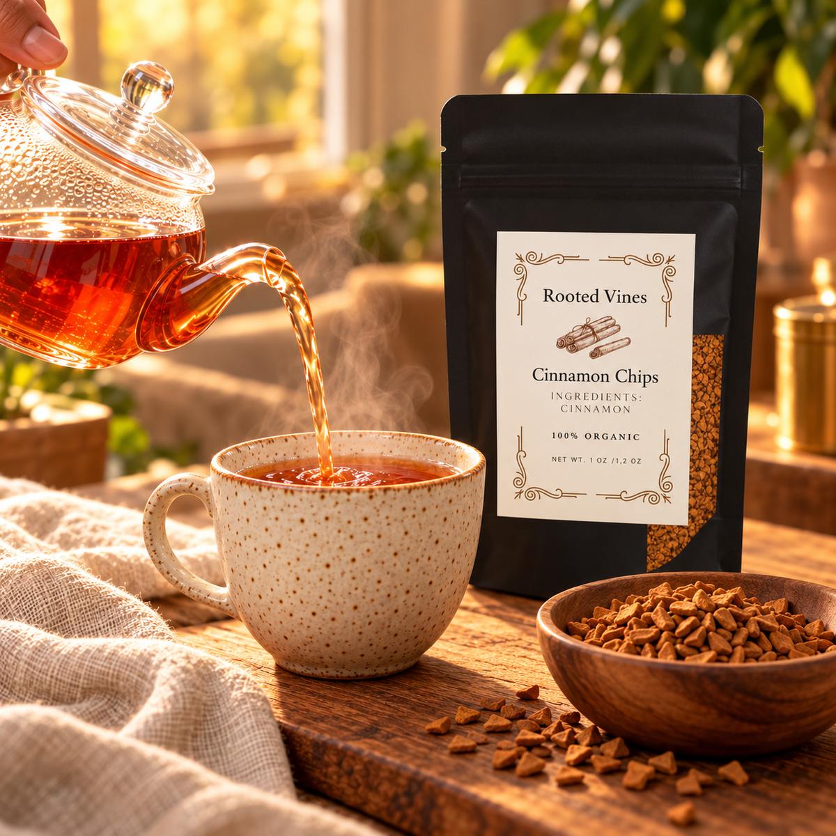 Pouring cinnamon herbal tea