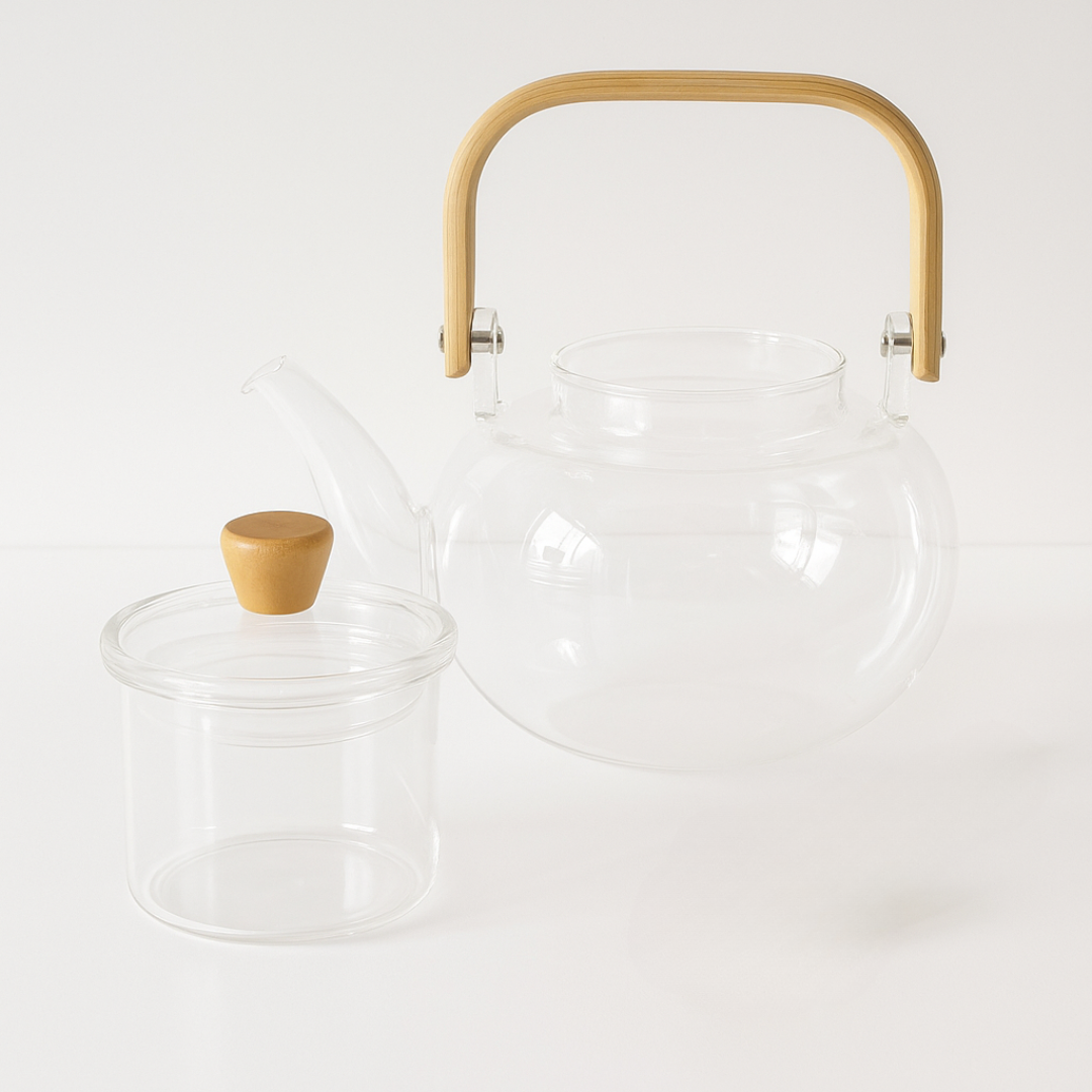 Clear glass containers with wooden lids and handles on a white background