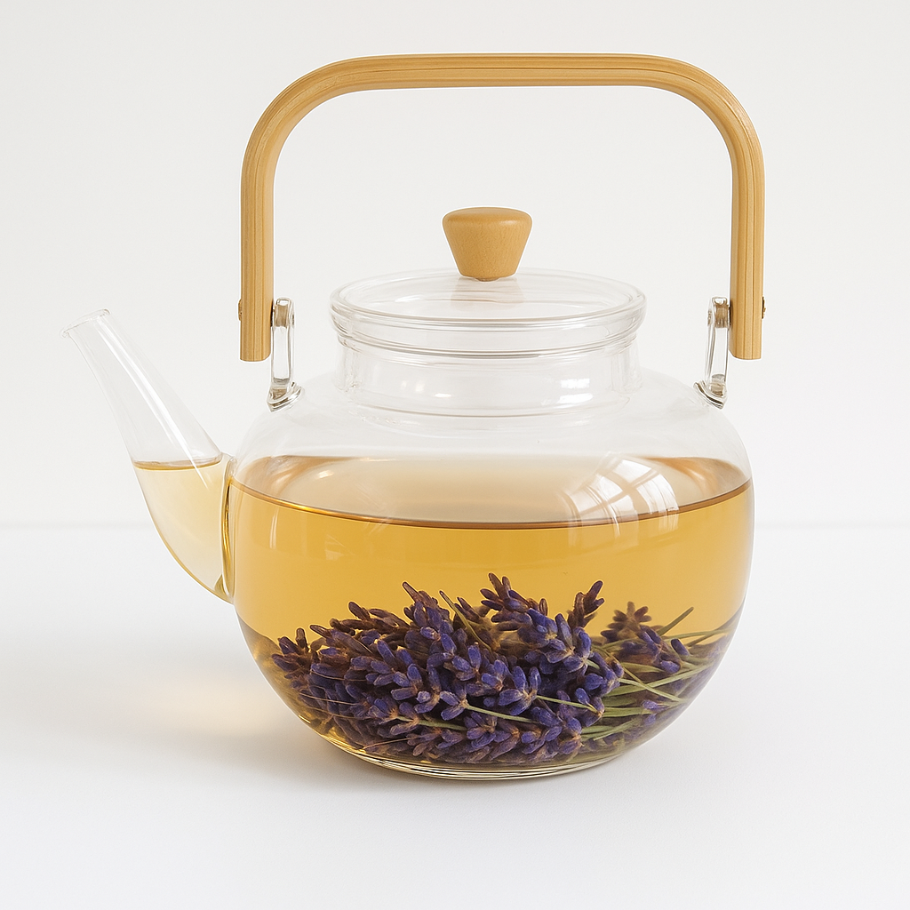 Clear glass teapot with wooden handle and lid, filled with lavender and tea on a white background