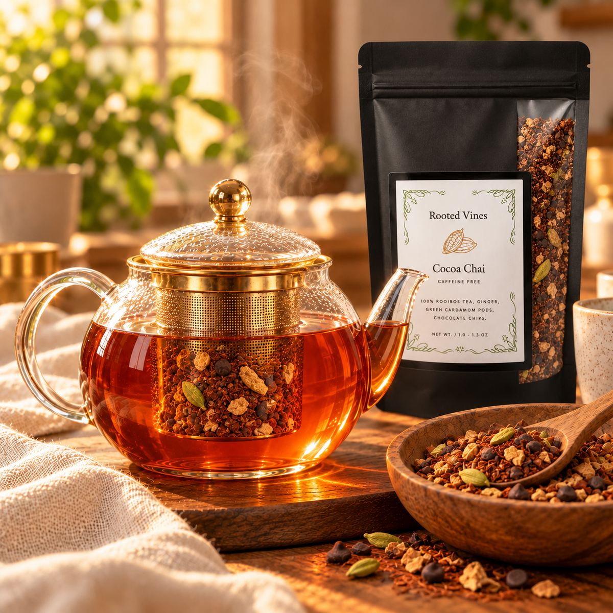 Cocoa Chai steeping in a glass teapot