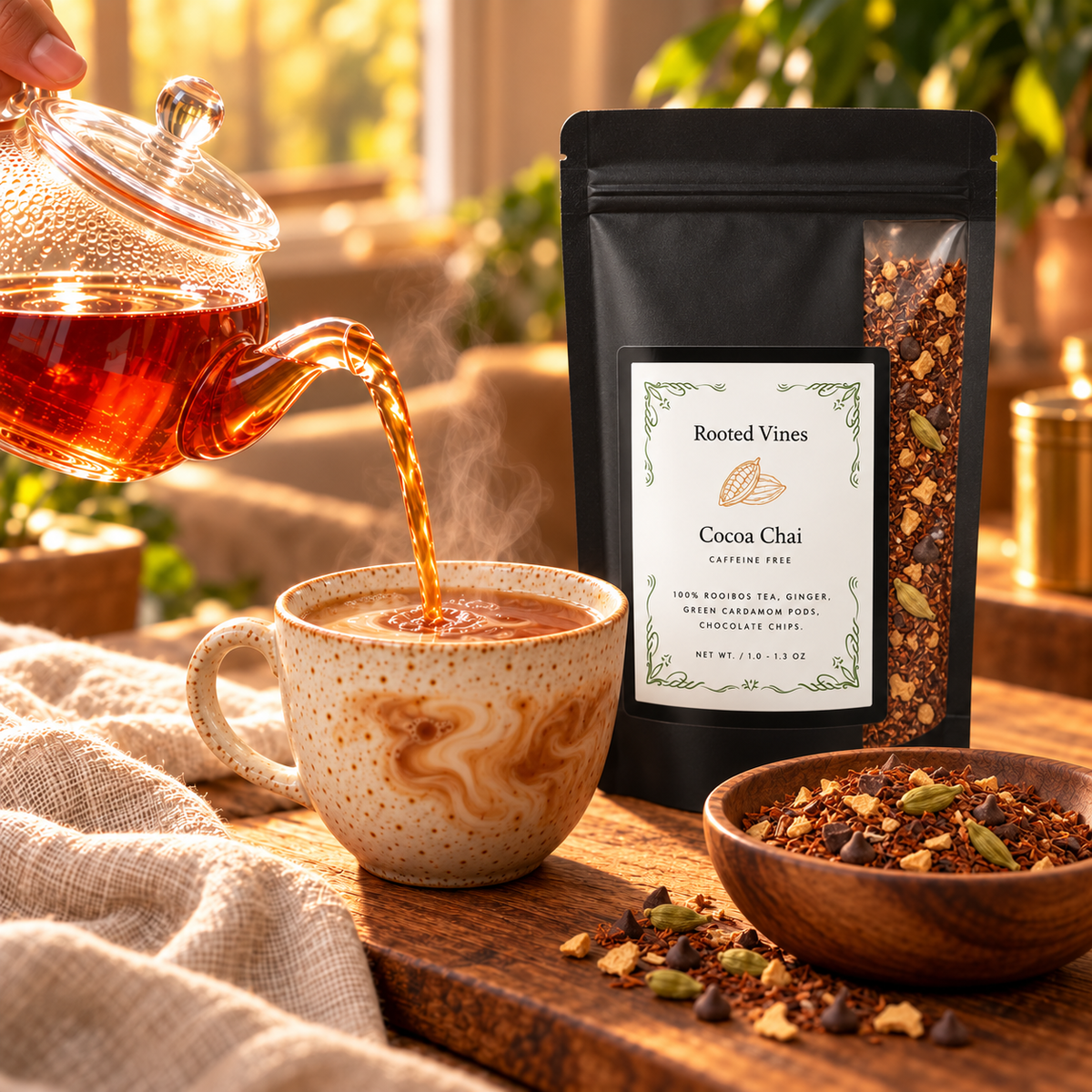 Pouring creamy Cocoa Chai tea