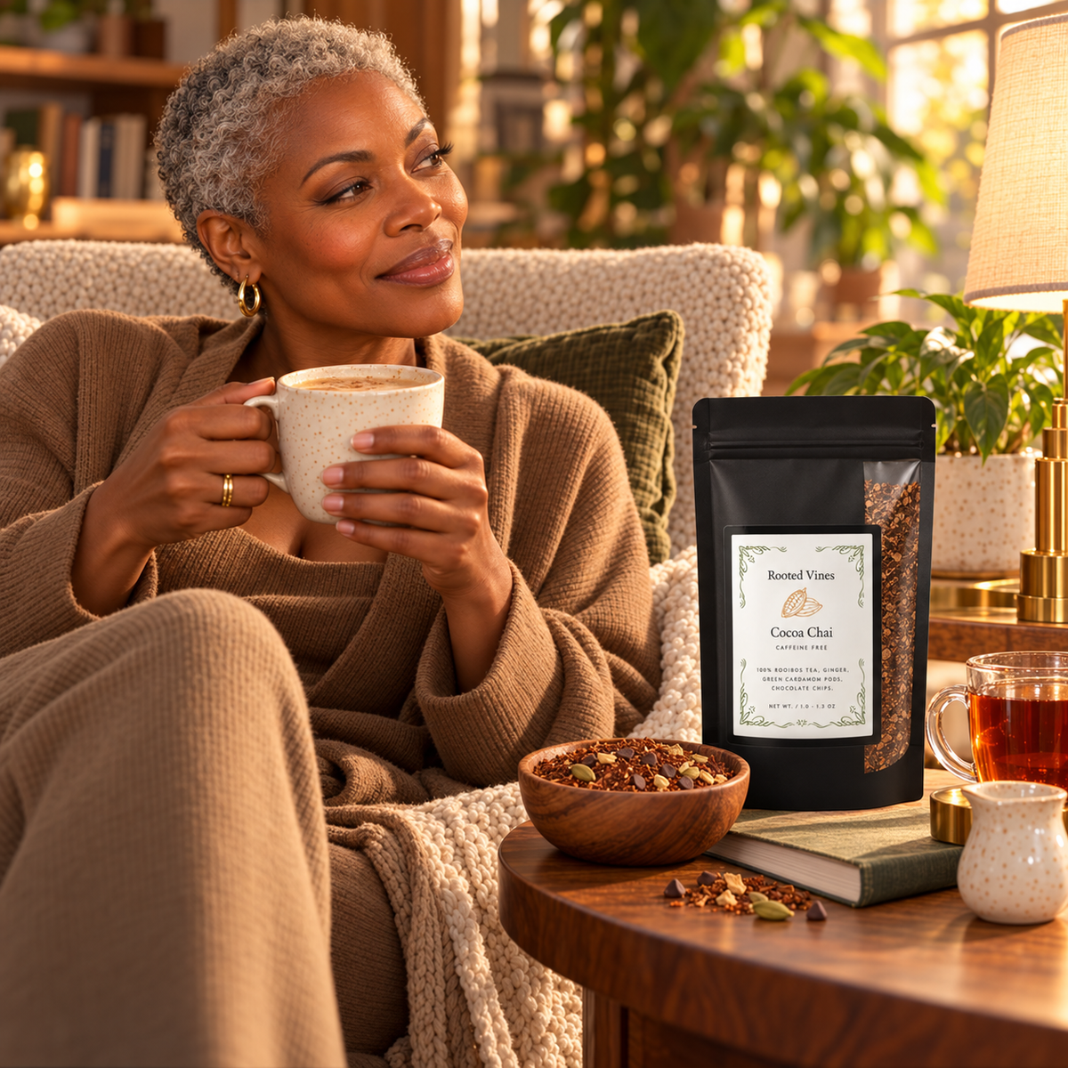Woman enjoying Cocoa Chai Herbal Tea