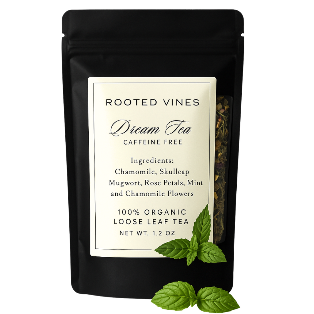 Black tea package with 'Rooted Vines' branding and tea ingredients listed.