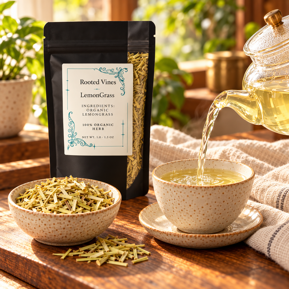 Pouring pale lemongrass tea