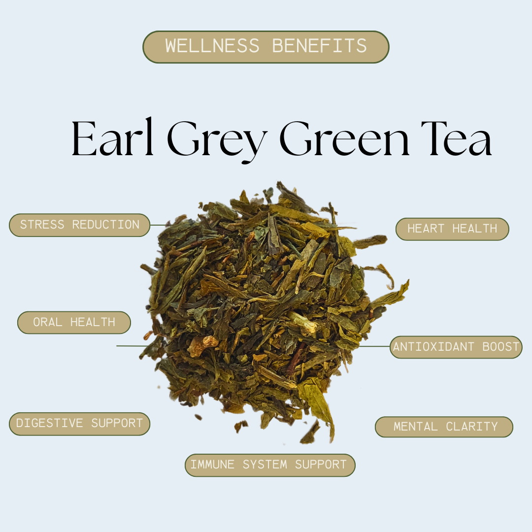 Earl Grey Green Tea with wellness benefits listed on a light blue background