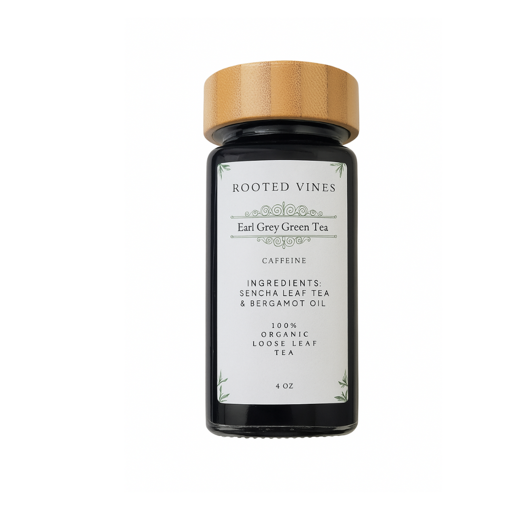 Tea jar with a wooden lid labeled 'Rooted Vines' on a white background