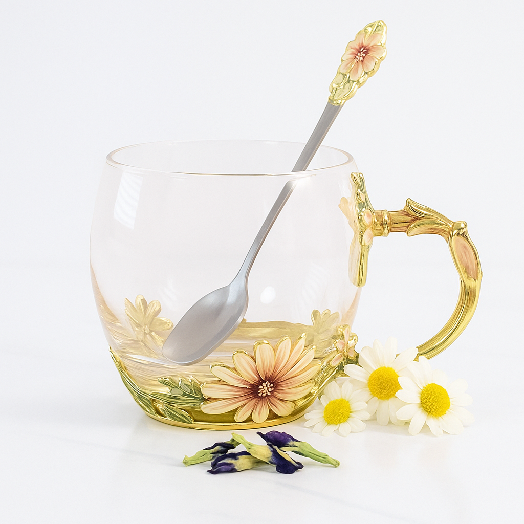Glass mug with floral design, gold handle, and spoon on a white background
