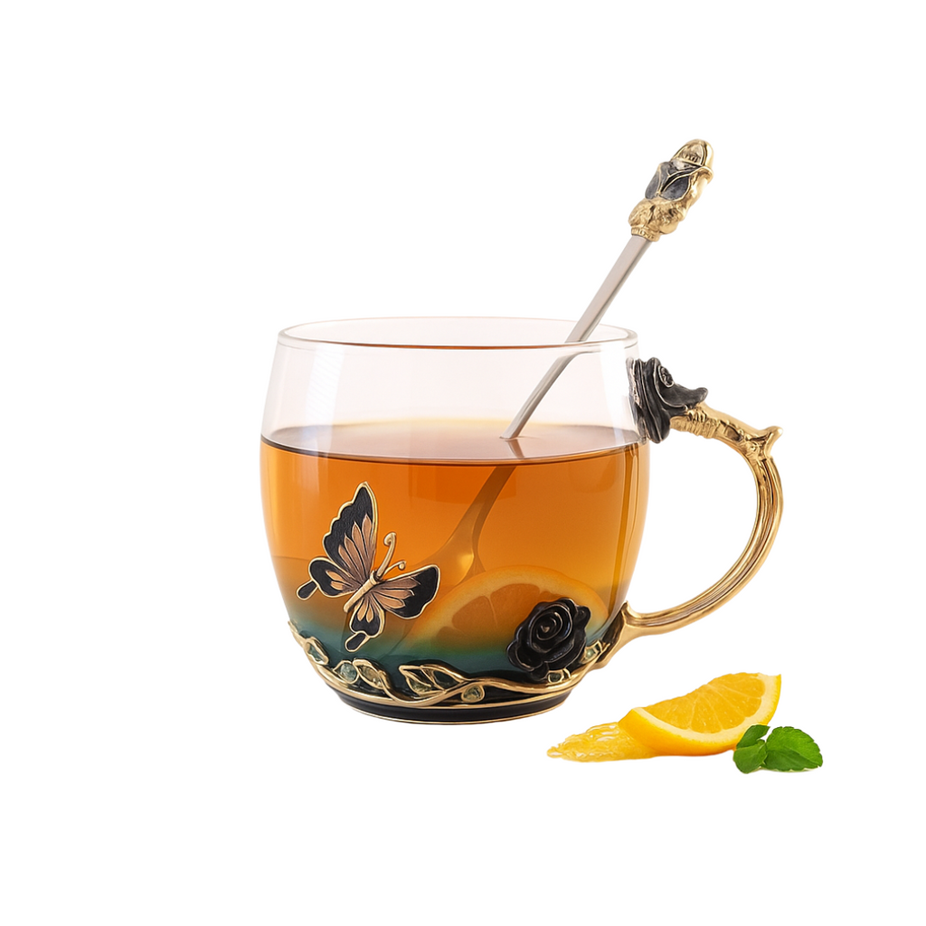 Black package of Rooted Vines Butterfly Pea Flower tea with a butterfly illustration on a white background