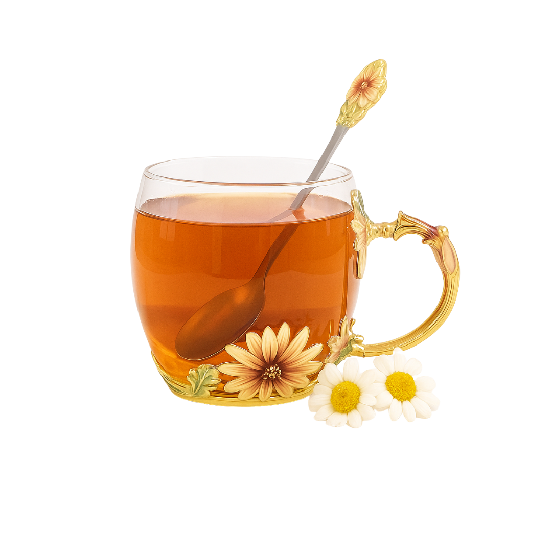Tea cup with floral design and spoon on a white background
