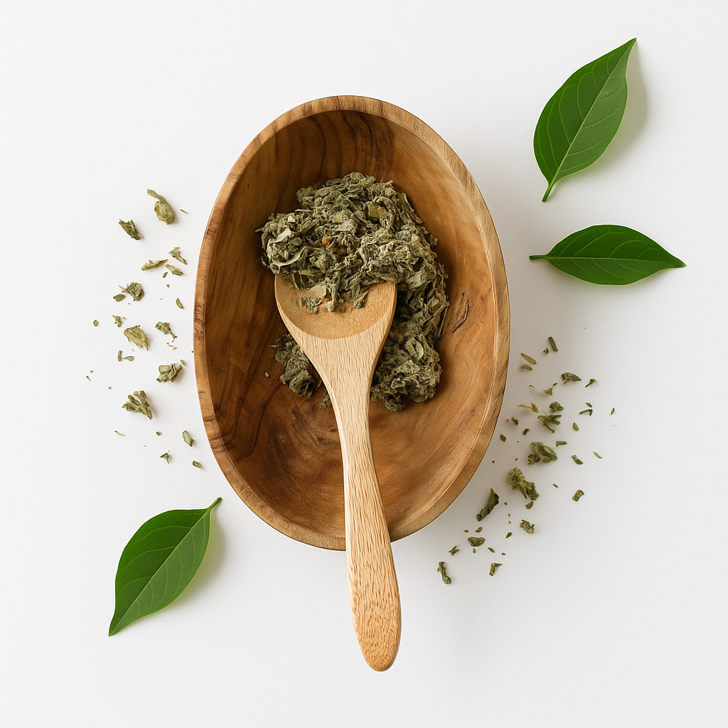 Wooden bowl with dried herbs and a wooden spoon on a white background