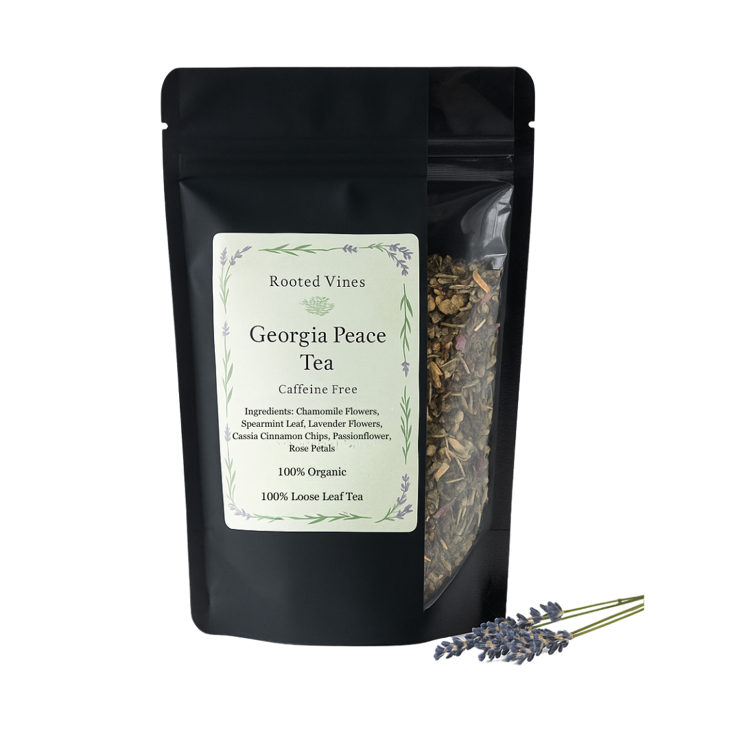 Black tea packaging with 'Georgia Peace Tea' label and lavender flowers on a white background