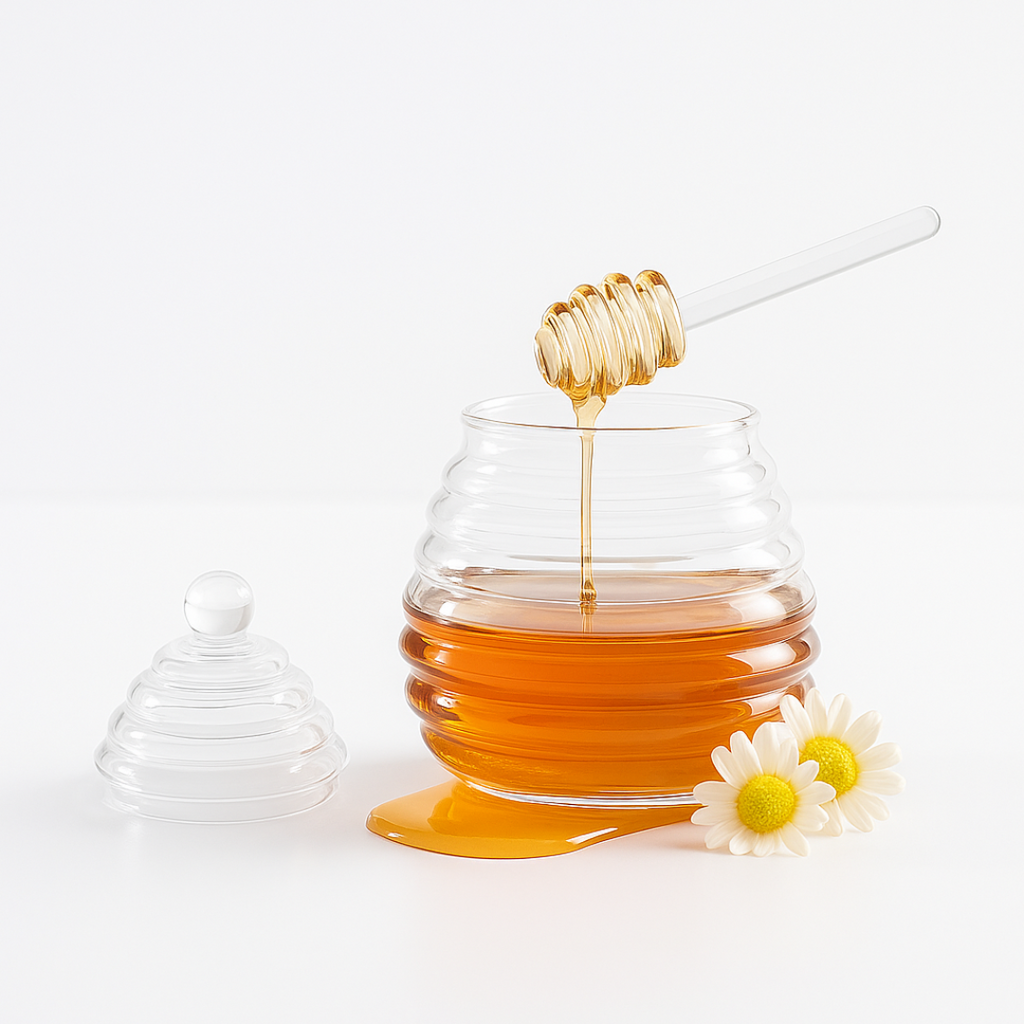Honey being drizzled into a glass jar with a white background